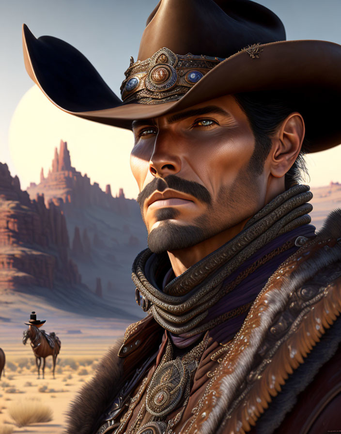 Detailed cowboy illustration with large ornate hat, gazing in desert scene.