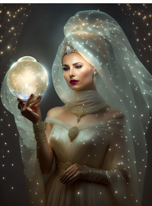 Ethereal woman in costume with glowing orb and stars