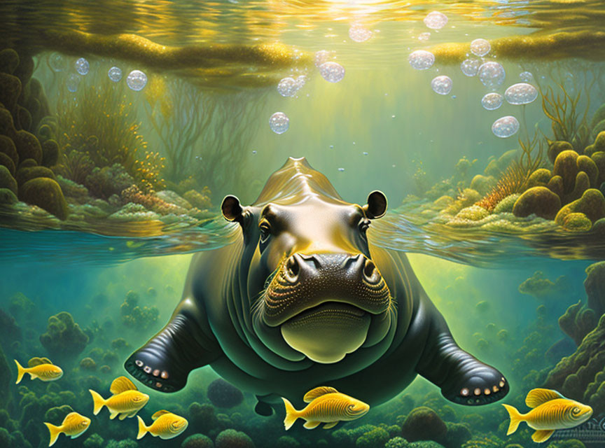 Hippopotamus Submerged in Clear Water with Fish and Sunlight