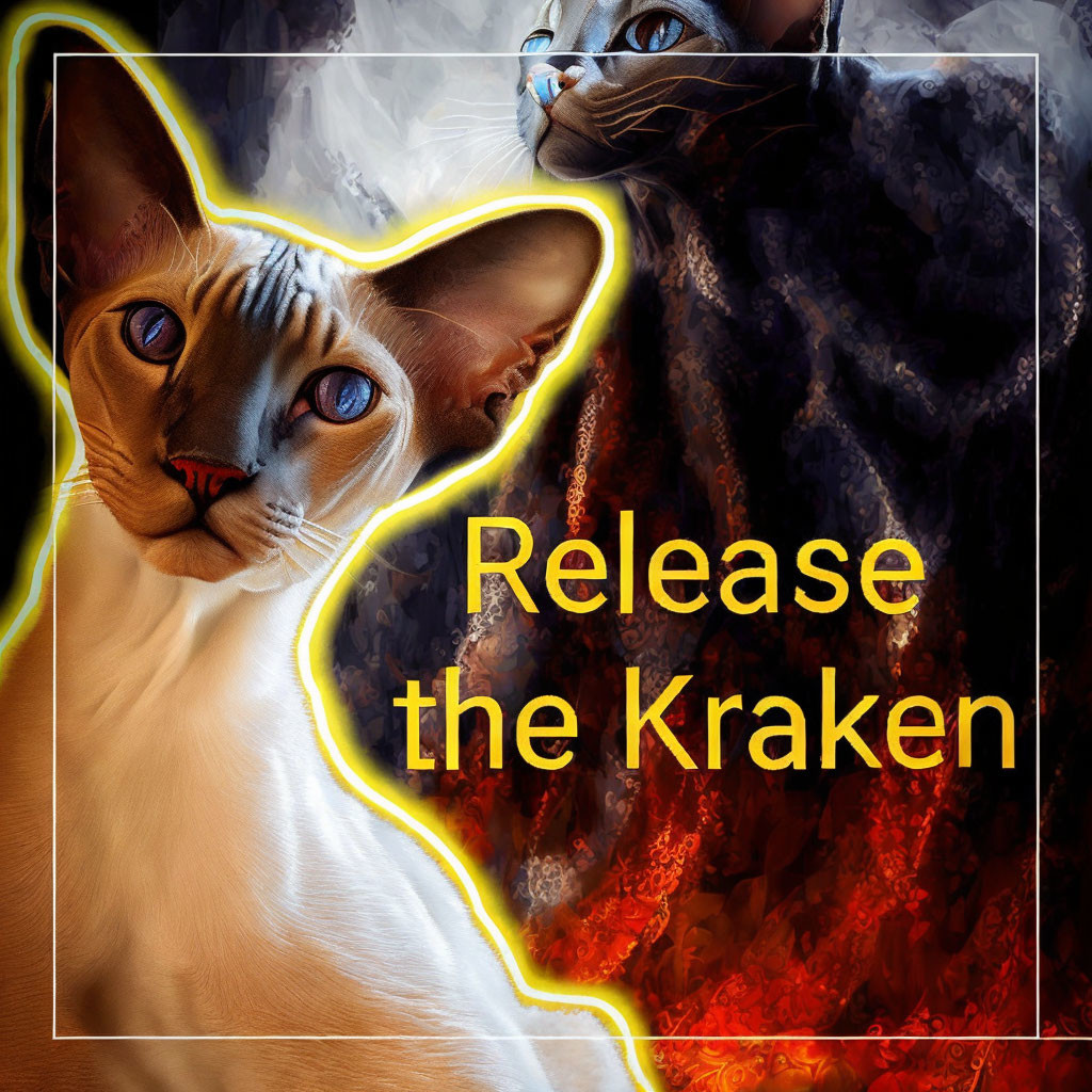 Contrasting cat faces on fiery background with "Release the Kraken" phrase