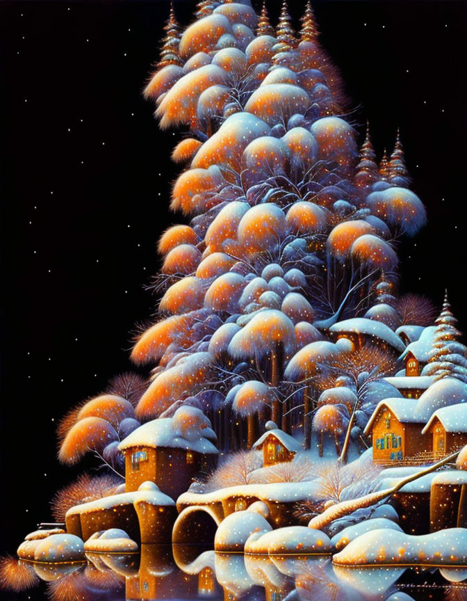 Snow-covered trees and houses in serene winter night scene