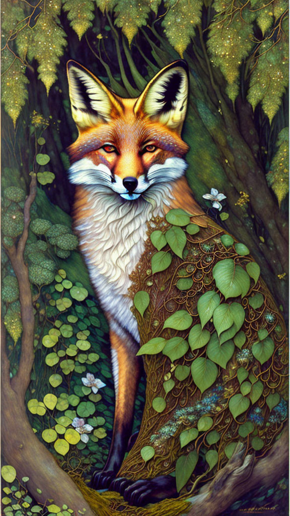 Illustration of whimsical fox with leaf patterns in lush green foliage