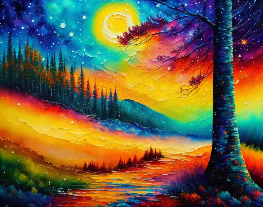 Whimsical landscape painting with colorful forest and starry sky