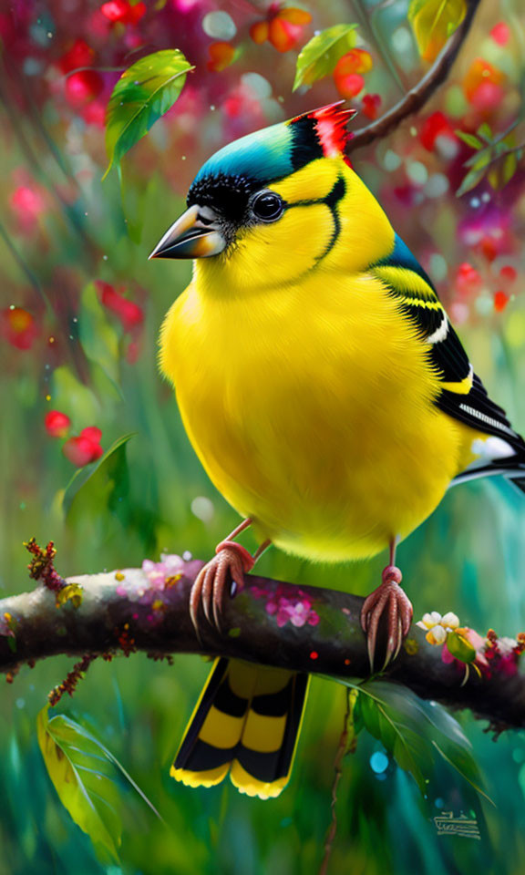 Vibrant yellow bird on blossoming branch with red berries in colorful illustration