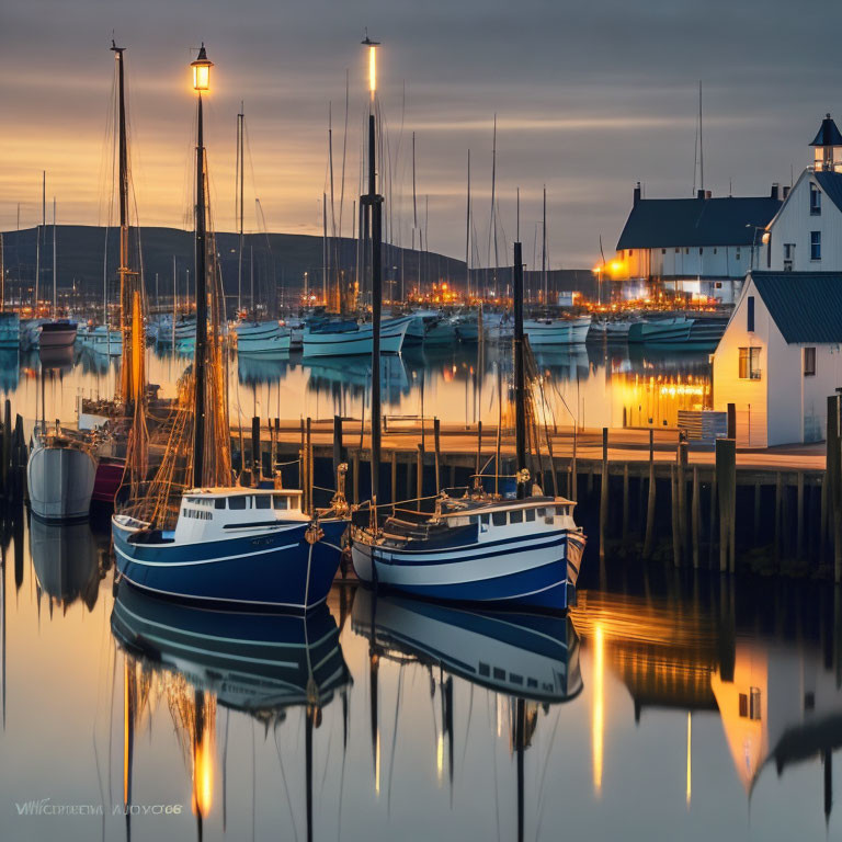 Calm Marina at Twilight with Moored Boats and Gradient Sky