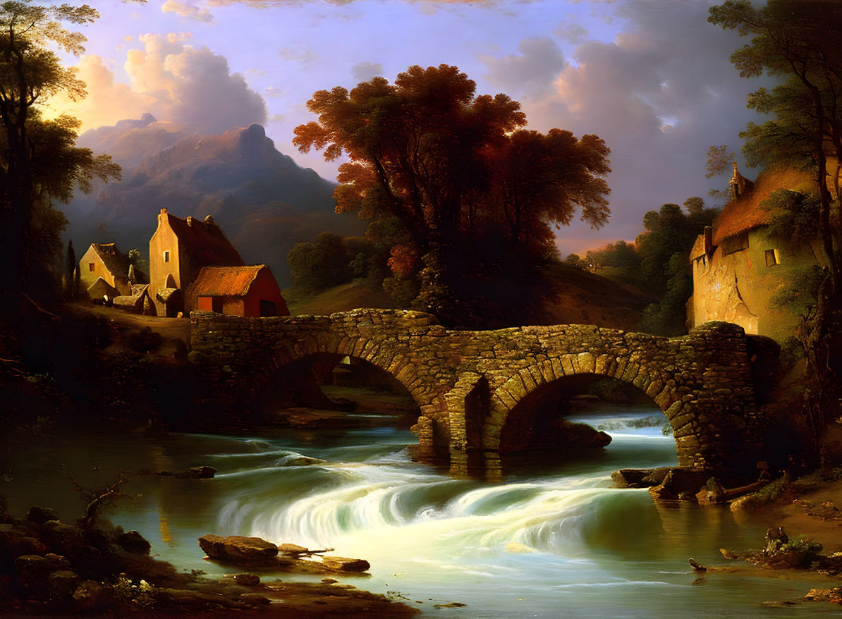 Tranquil autumn scene: old stone bridge over river with quaint houses and glowing sky