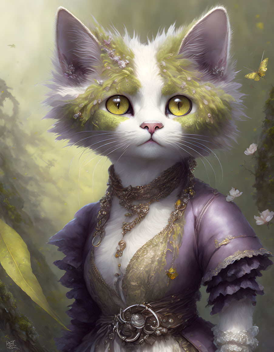 White Cat in Purple Dress Surrounded by Butterflies