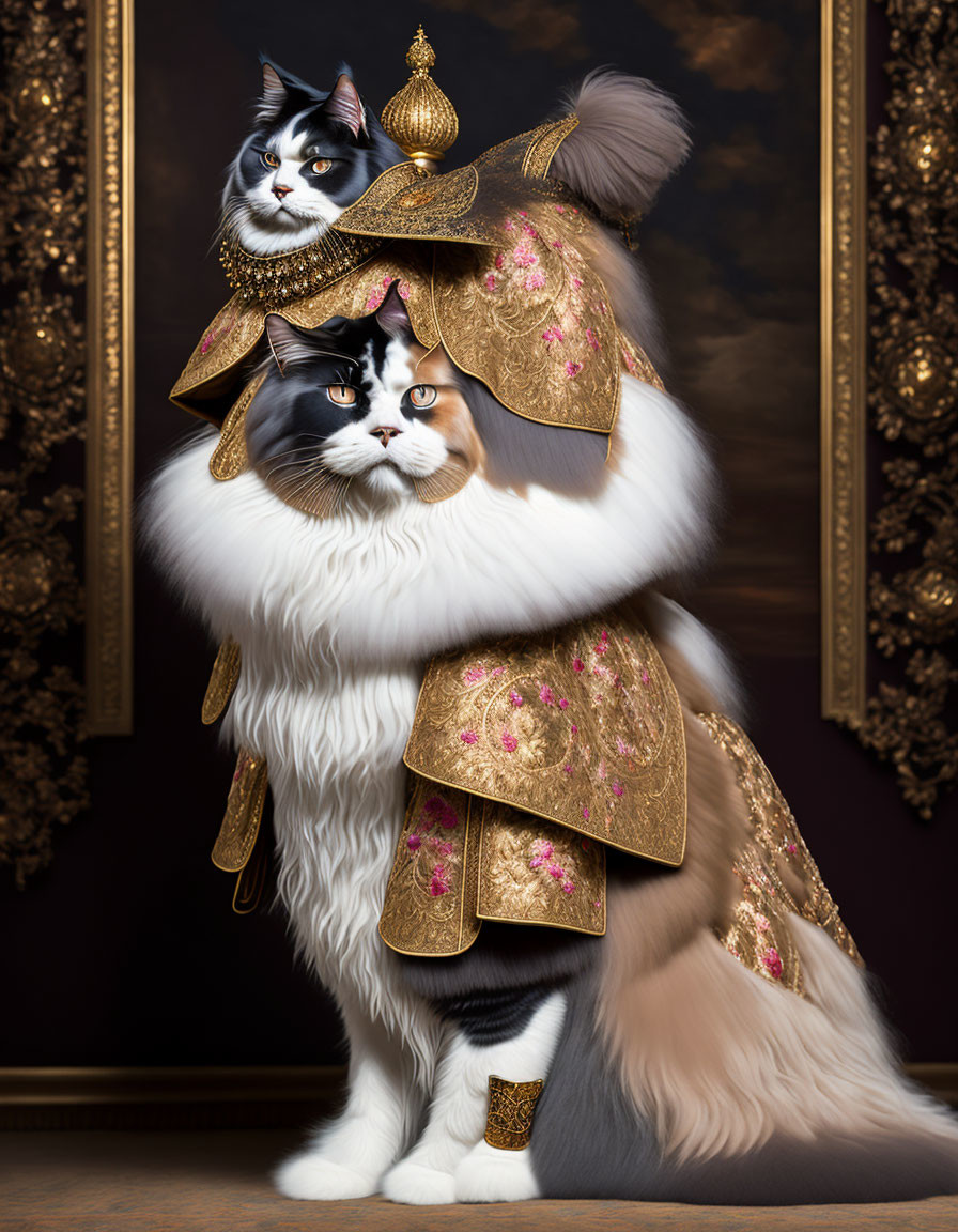 Regal cats in elaborate golden attire posing as royalty