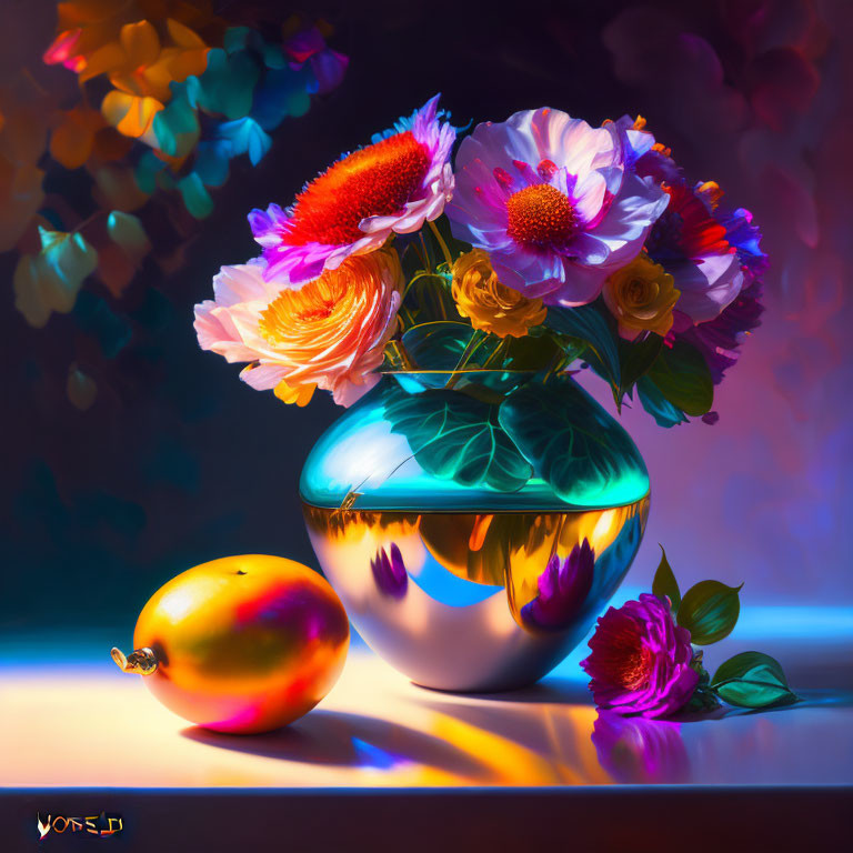 Vibrant Flowers and Mango in Reflective Still Life