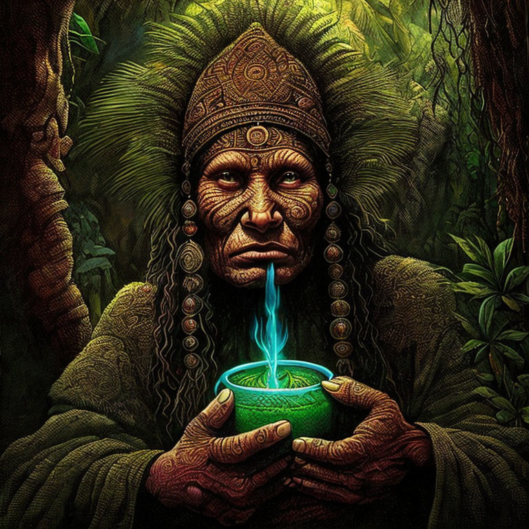 Tribal shaman with face paint holding a glowing green bowl in jungle.