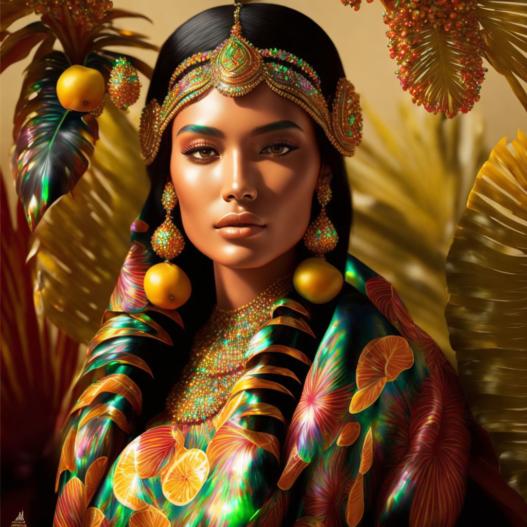 Digital artwork: Woman in golden jewelry & vibrant outfit on tropical background