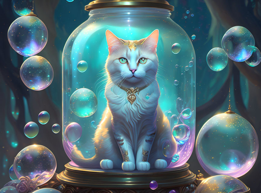 Whimsical cat in jar with magical bubbles on enchanting background