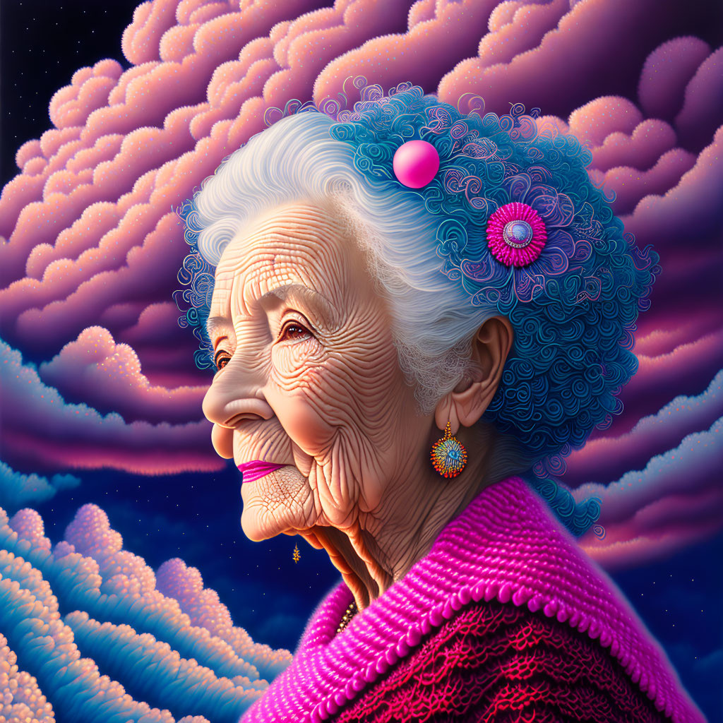 Elderly woman portrait with serene expression against vibrant stylized clouds