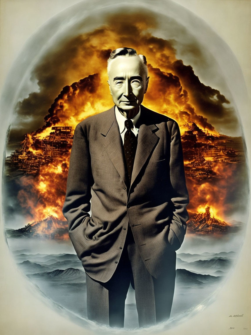 Man in suit against apocalyptic backdrop with explosions and crumbling buildings