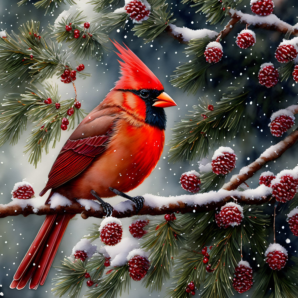 Red cardinal on snowy pine branch with red berries and snowflakes