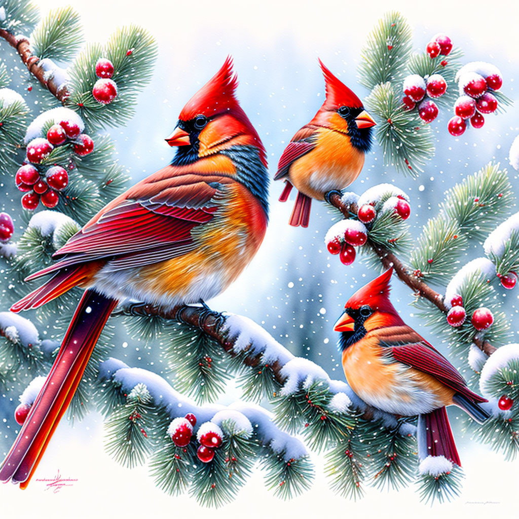 Vibrant red cardinals on snow-dusted pine branches in winter