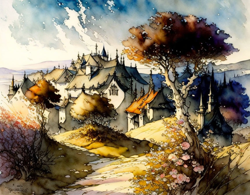 Whimsical castle watercolor painting with vibrant landscape