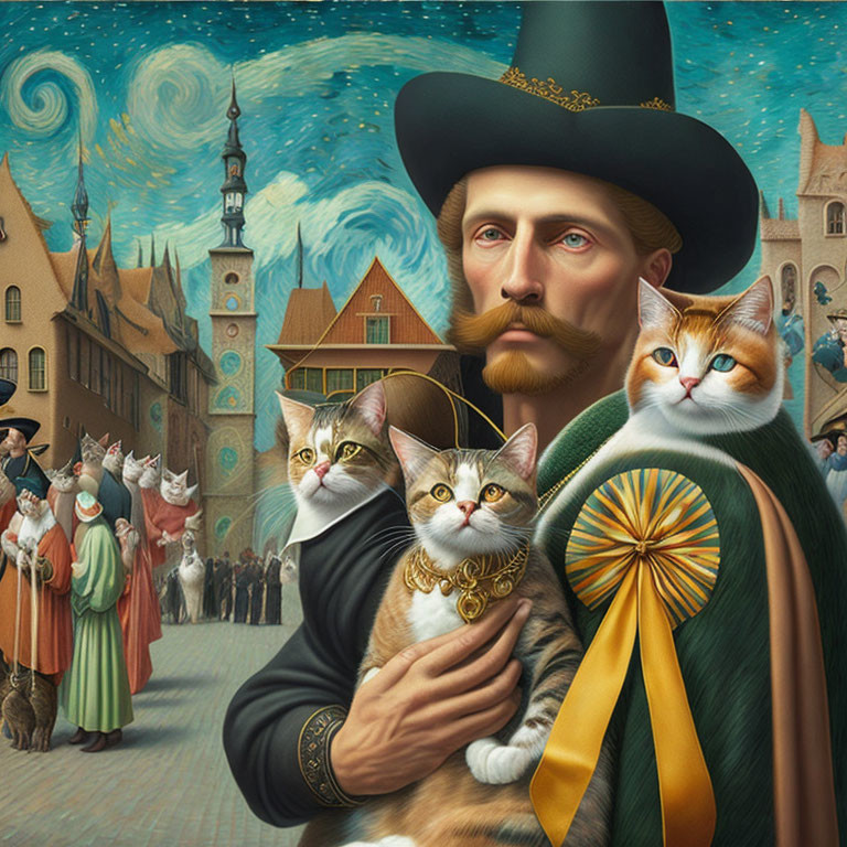 Man in historical attire holds cats in town square under starry sky