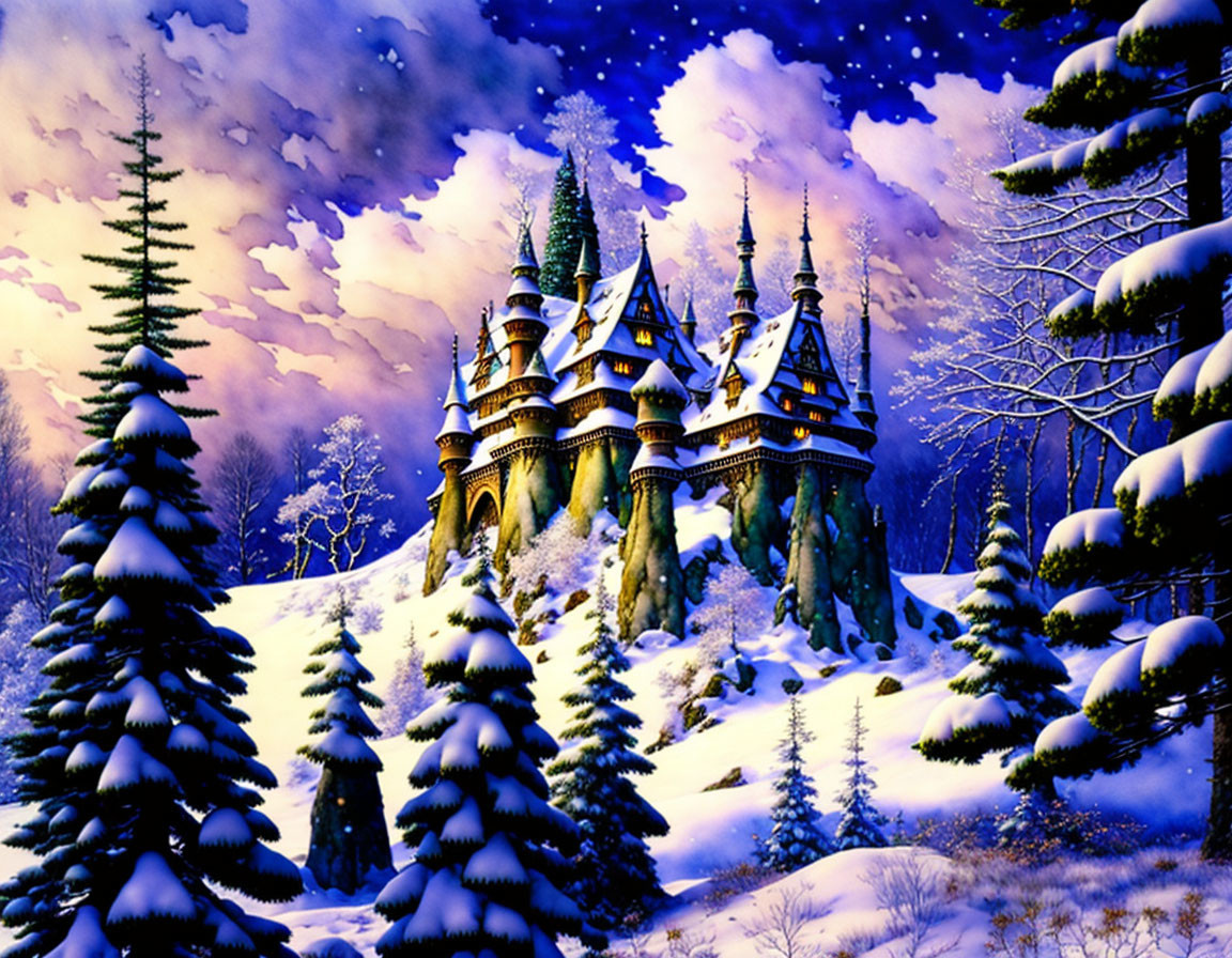 Snowy fairytale castle in twilight landscape