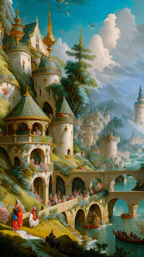 Fantasy landscape with castles, bridges, figures, and boats