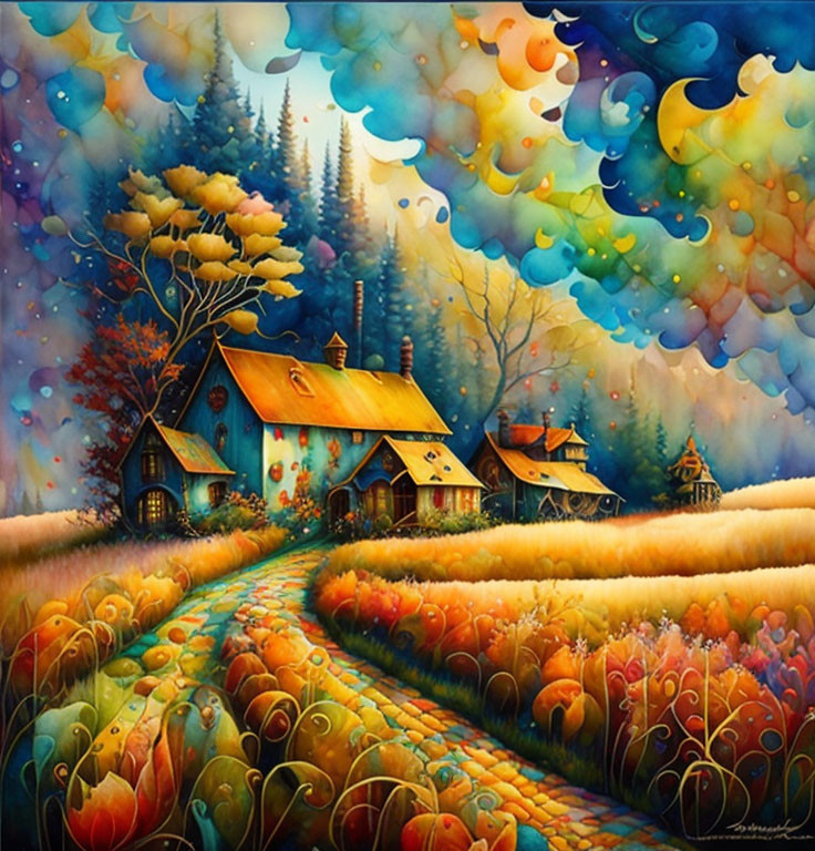 Colorful Autumnal Cottage Painting with Whimsical Landscape