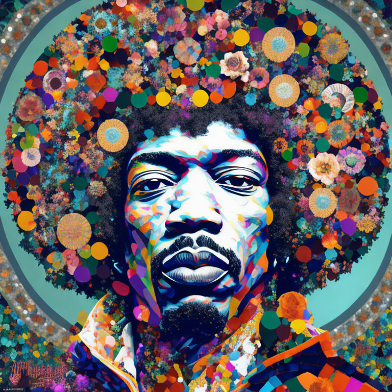 Colorful Psychedelic Portrait of Man with Afro and Flowers