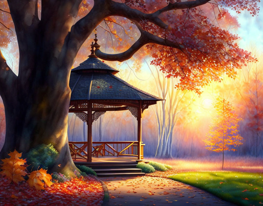 Vibrant fall foliage around wooden gazebo at sunset