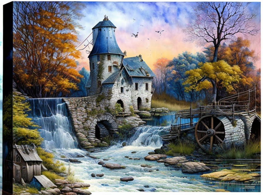 Stone Watermill by Cascading Waterfall in Autumn Setting