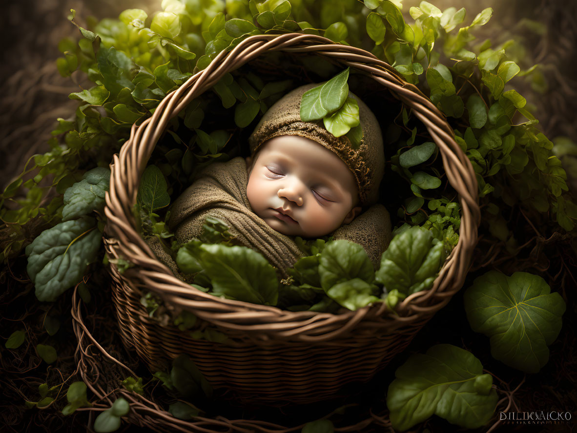 Sleeping baby in brown cloth basket with green leaves and soft light