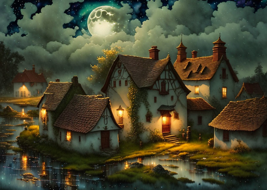 Moonlit Village with Thatched-Roof Cottages and Starry Night Sky