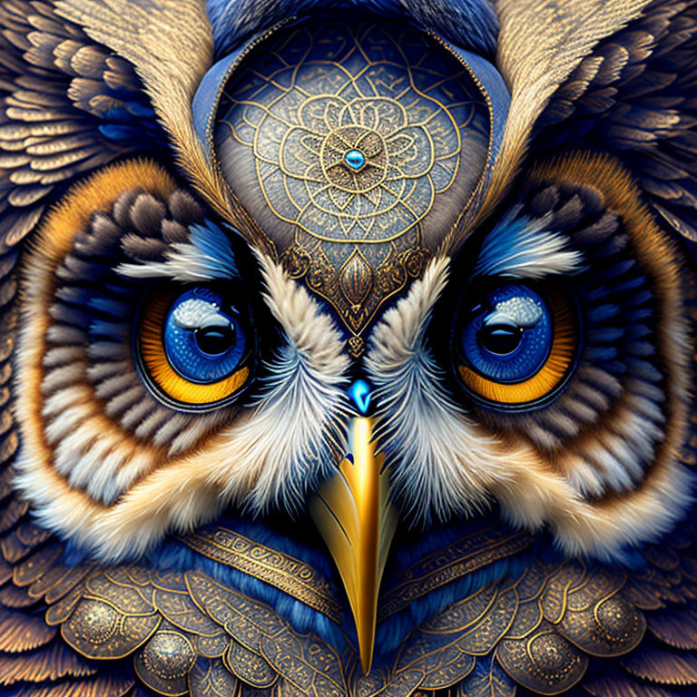 Intricately designed owl artwork with vibrant blue eyes and golden patterns