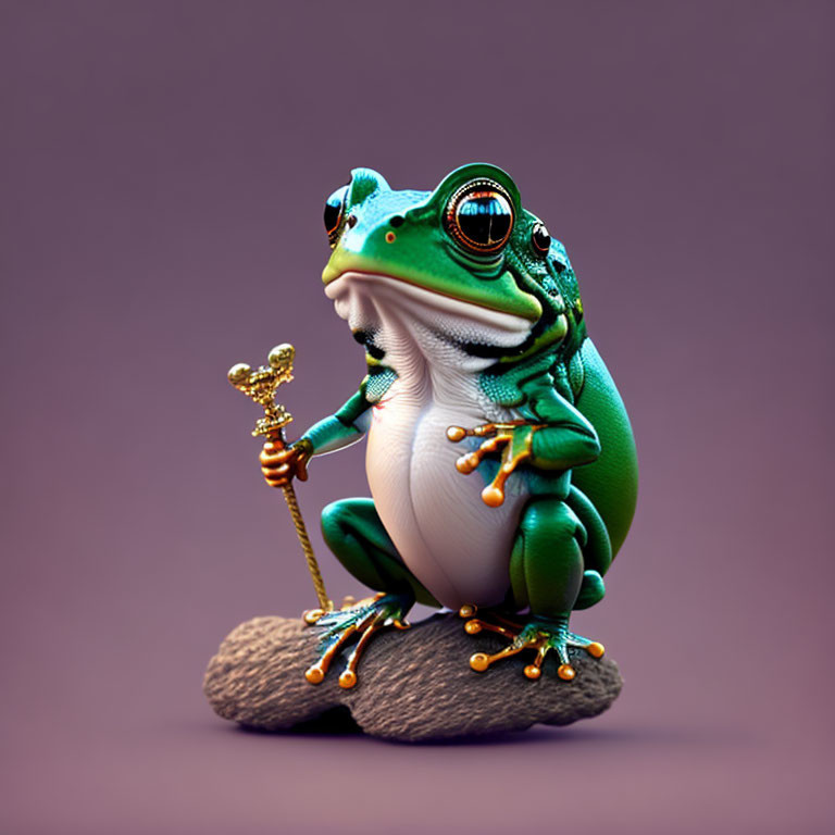 Green frog prince seated on rock with crown and scepter