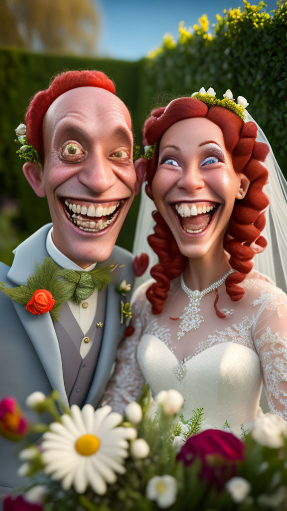 Exaggerated bride and groom caricature in wedding setting