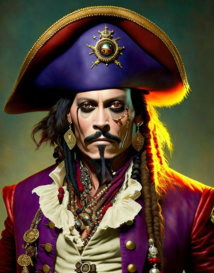 Colorful portrait of a flamboyant pirate with tricorn hat and intricate facial hair