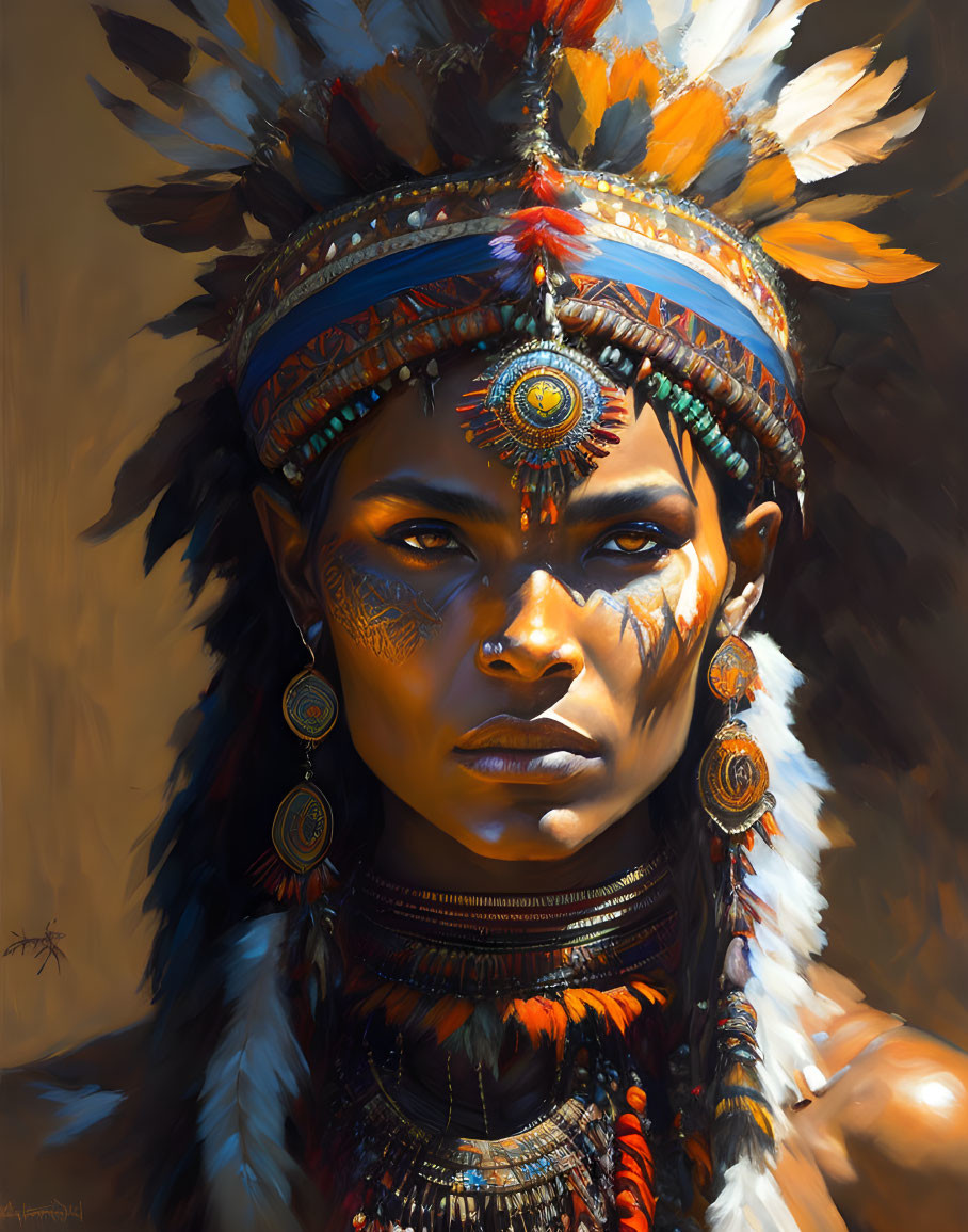 Portrait of a person in traditional Native American headdress