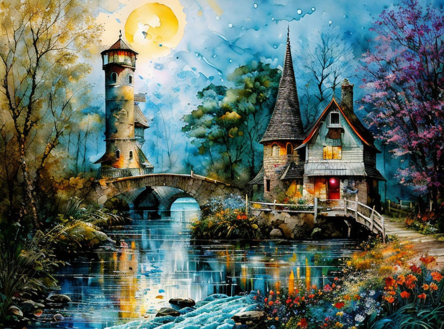 Scenic painting of cozy cottage, river, bridge, lighthouse under moonlit sky