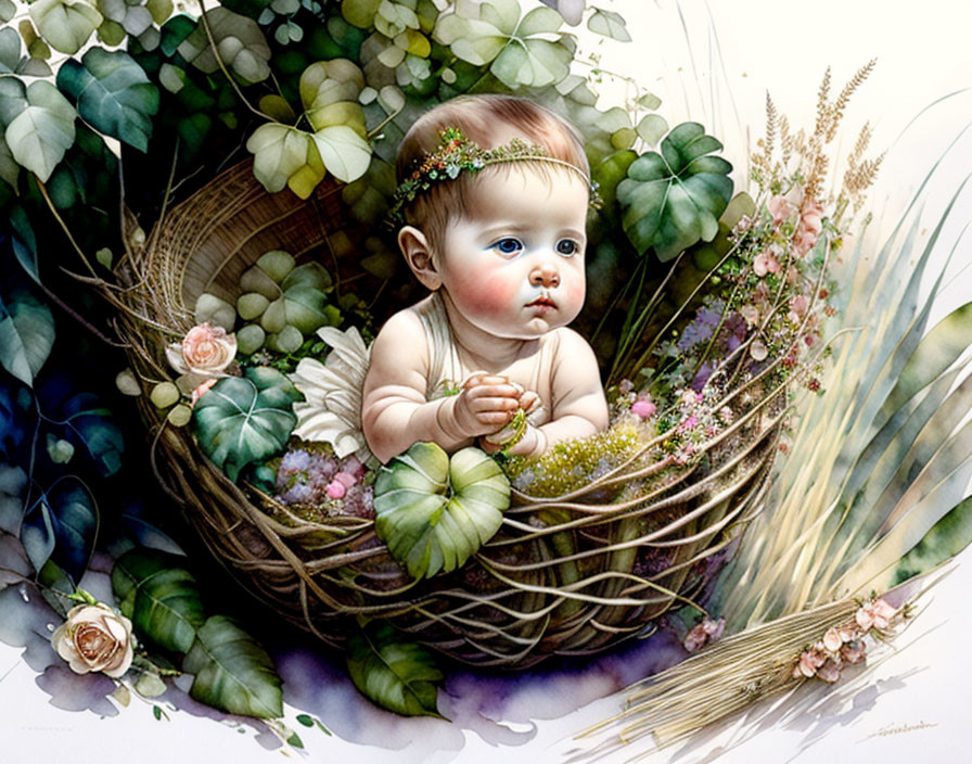 Baby in wicker basket with flowers, butterflies, and garland