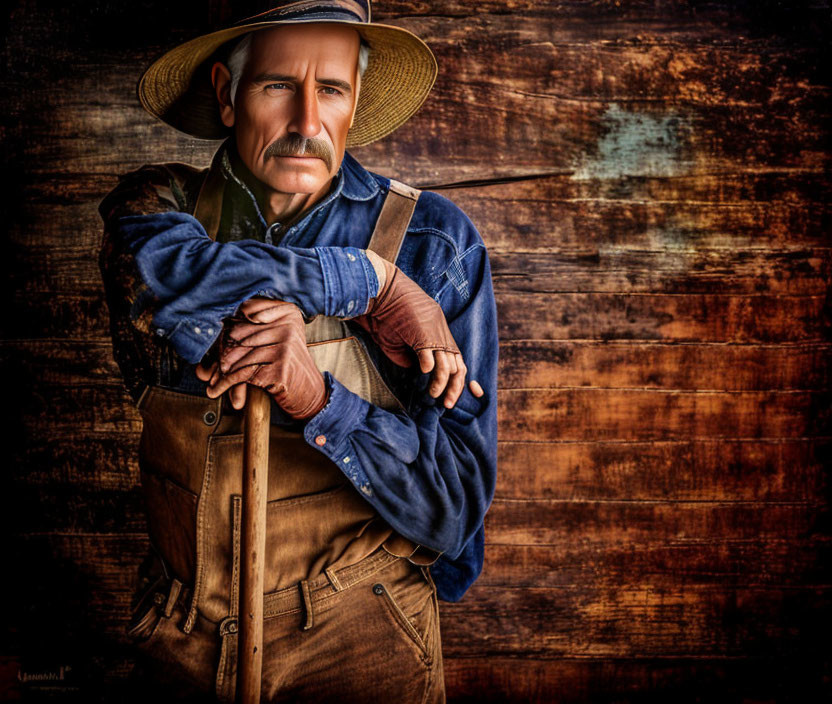 Vintage farmer with mustache in denim shirt and hat leaning on tool