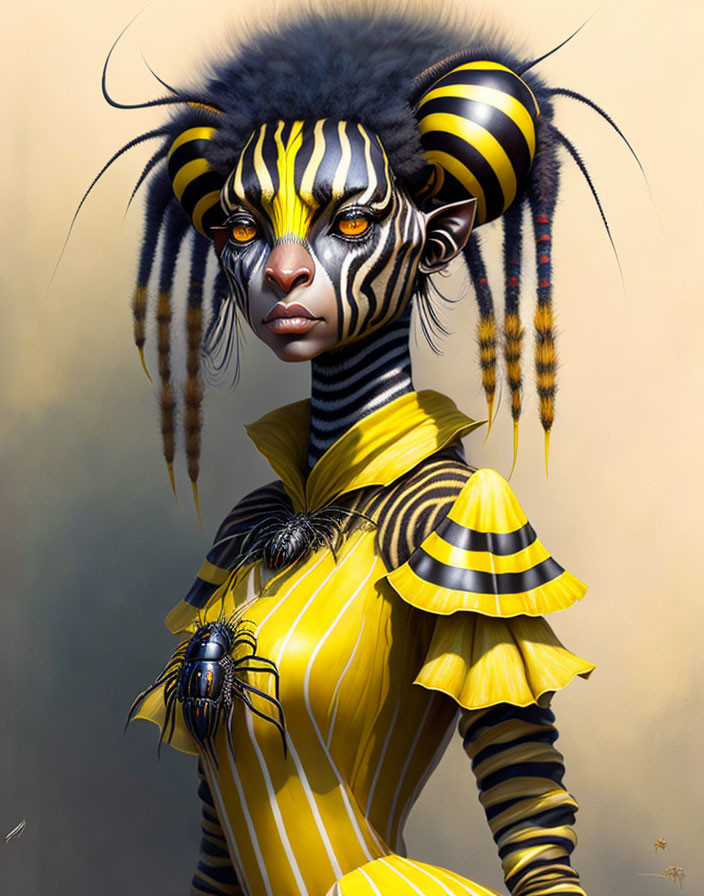 Fantastical humanoid portrait with bee-like features & antennae hair.