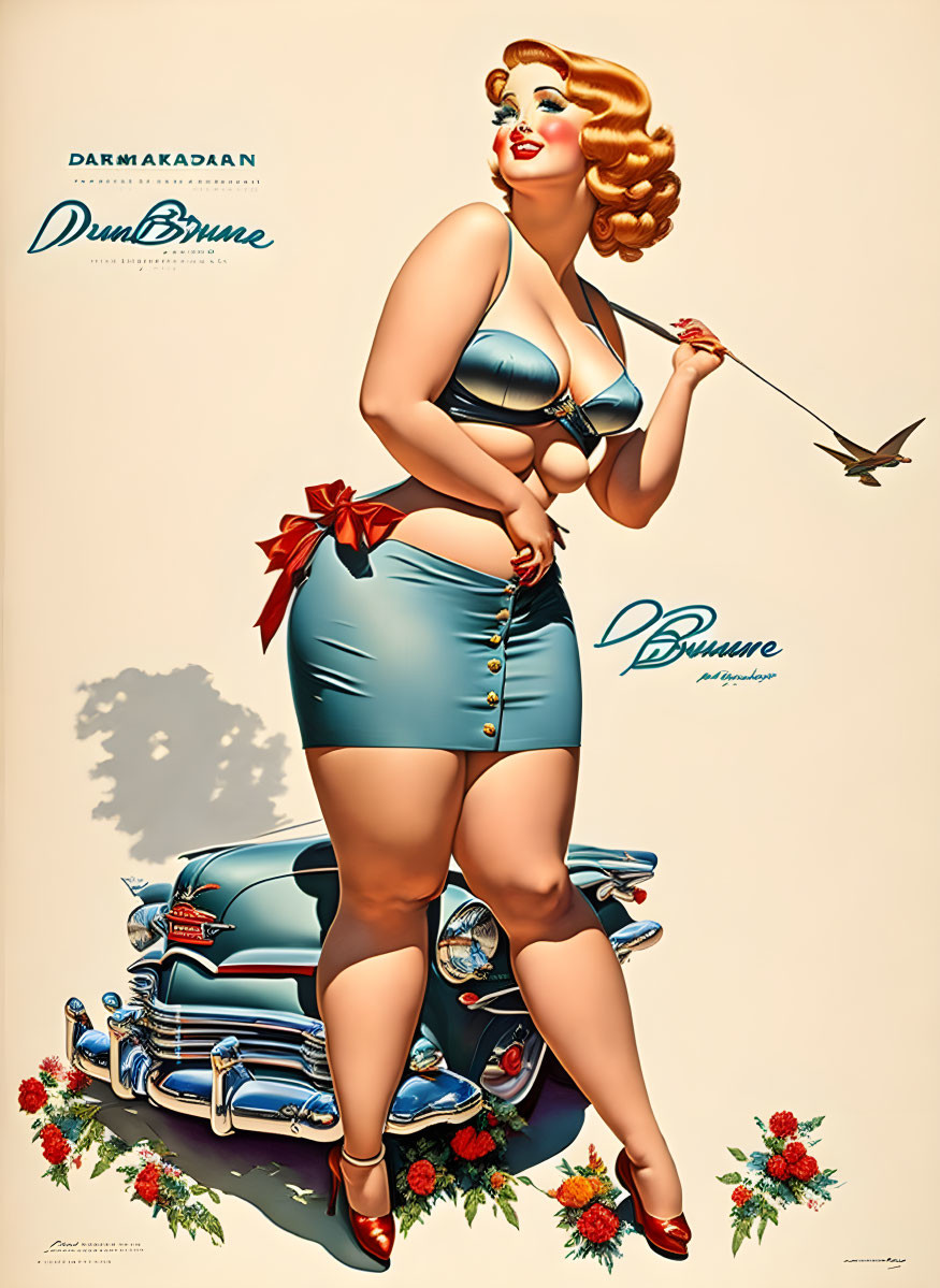 Vintage-style illustration of curvy woman in blue dress with duster next to blue car.