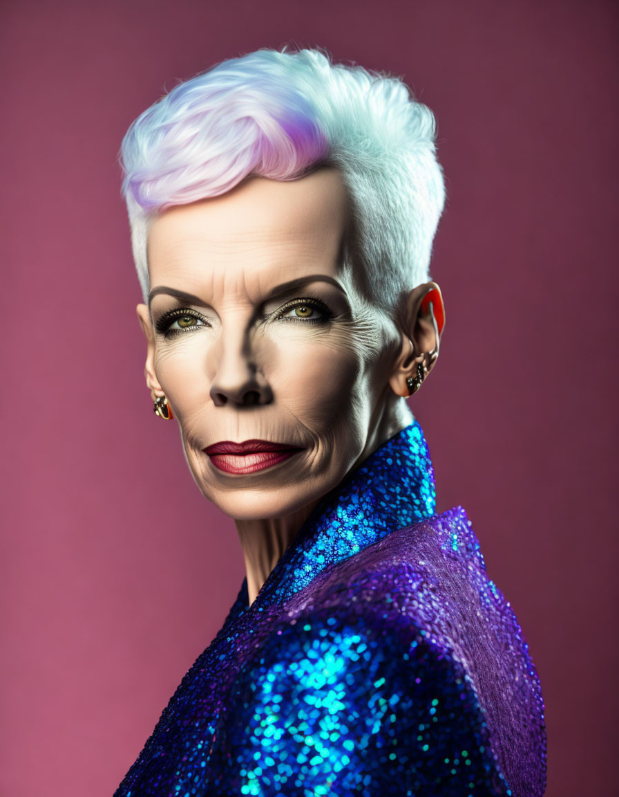 Person with short lilac hair and bold makeup in sparkling purple attire on pink backdrop