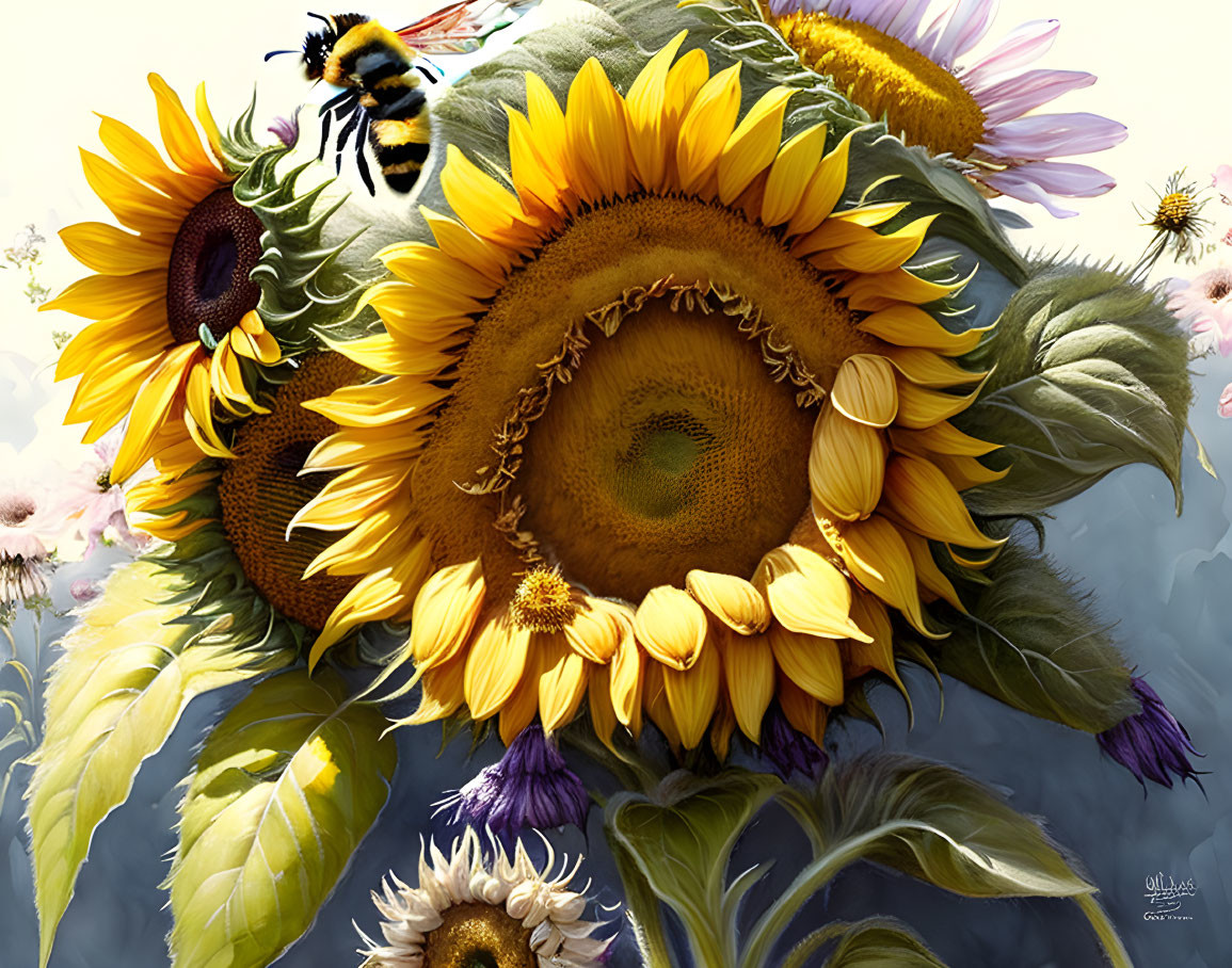 Vibrant sunflowers with bees on a clear day