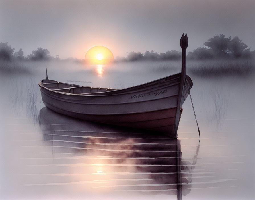 Serene sunrise scene: boat on still water with mist and sunlight