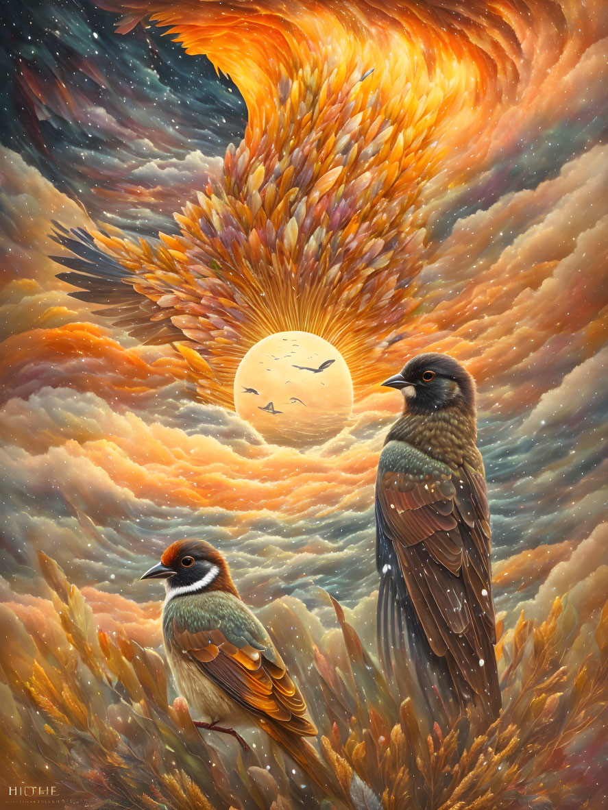 Vibrant fiery sky with two birds and sun in cloud feathers