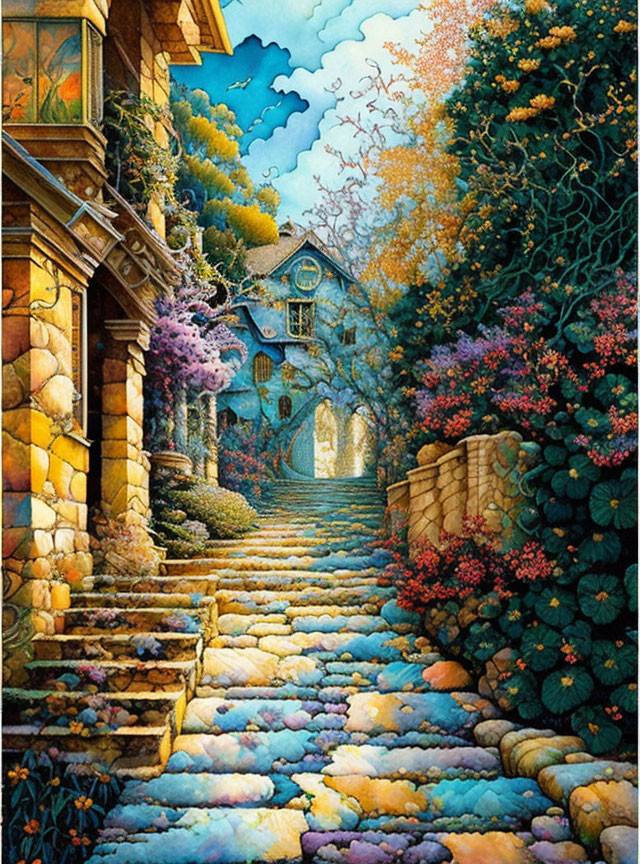 Colorful stairway painting with lush flora and cozy cottage under twilight sky