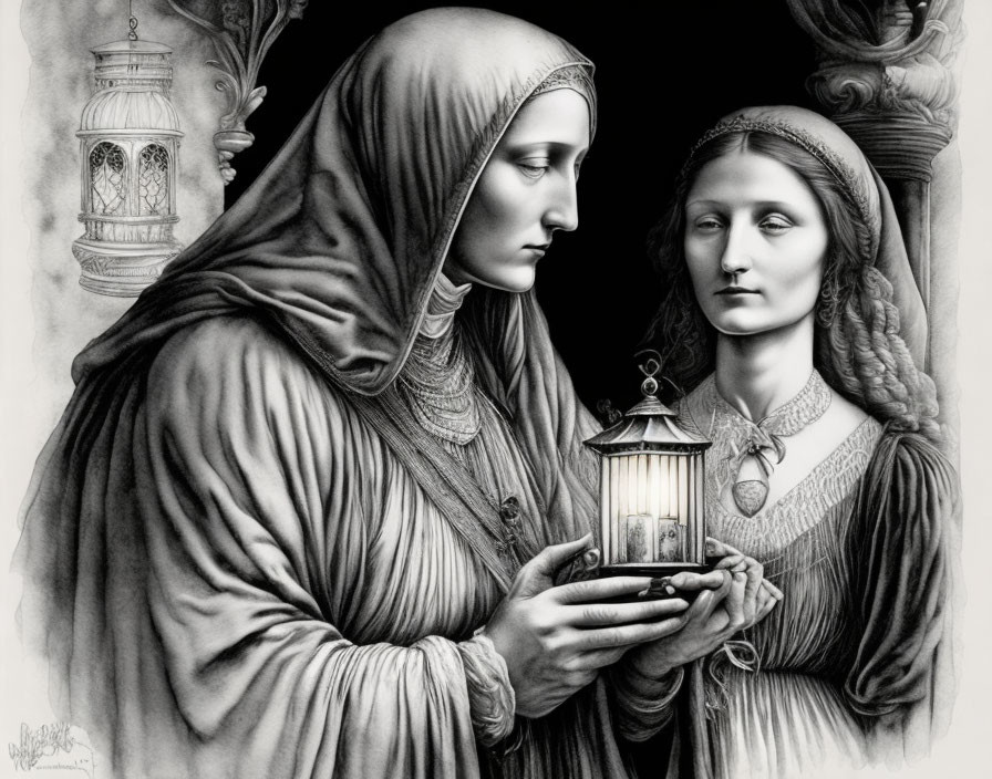 Two women in historical attire with lantern and necklace in black and white drawing