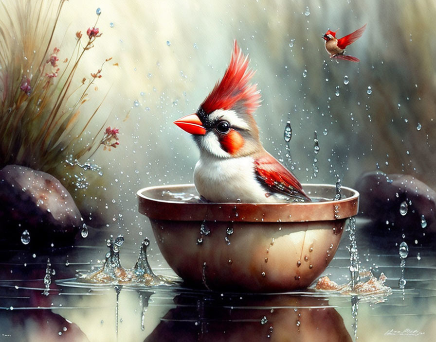 Red cardinal perched in water bowl with raindrops and rocks, another flying.