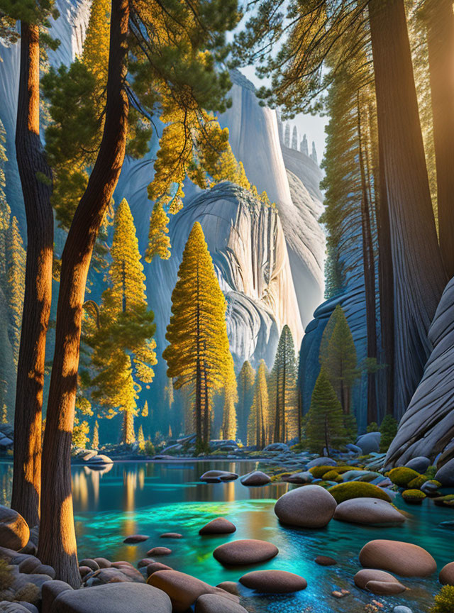 Tranquil forest landscape with tall trees, calm water, stones, and sunlit cliffs