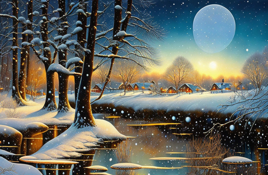 Snow-covered trees, frozen river, illuminated houses, full moon - wintery night scene