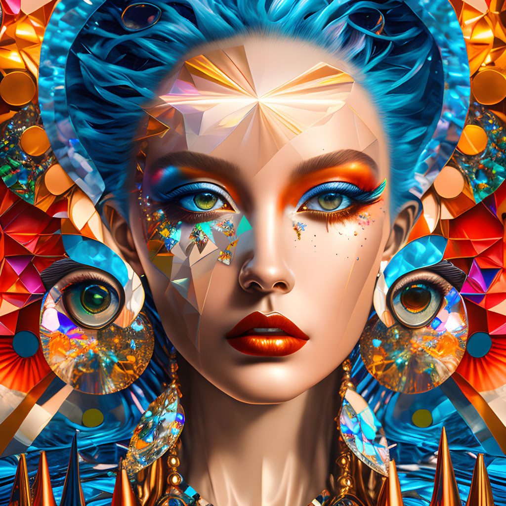 Vibrant digital artwork: woman with blue hair and geometric patterns on face